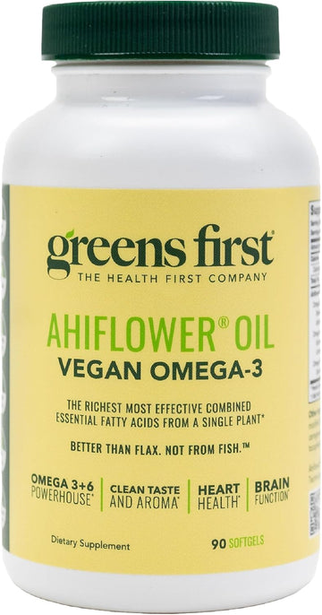 Greens First Ahiflower Oil Plant-Based Omega-3 Supplement – Vegan Omega-3 To Support Brain, Immune, Joint & Heart Health - Essential Fatty Acids - Gluten-Free/Dairy-Free/Soy-Free (90 Softgels)