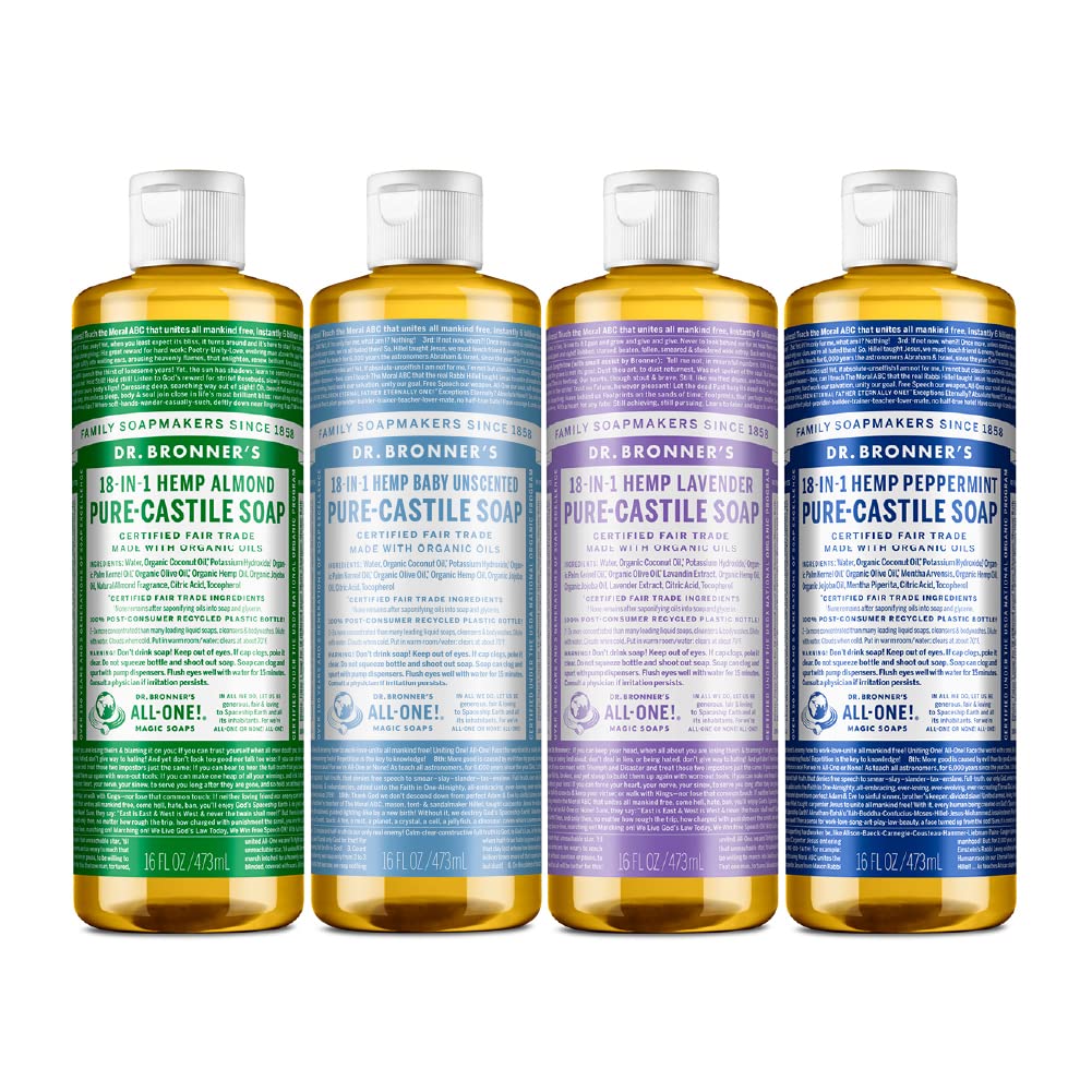 Dr. Bronner's - Pure-Castile Liquid Soap Variety Pack - Almond, Lavender, Baby Unscented, & Peppermint, Made w/Organic Oils, 18-in-1 Uses: Face, Body, Hair, Laundry, Pets, Dishes, Etc. (16oz, 4-Pack)