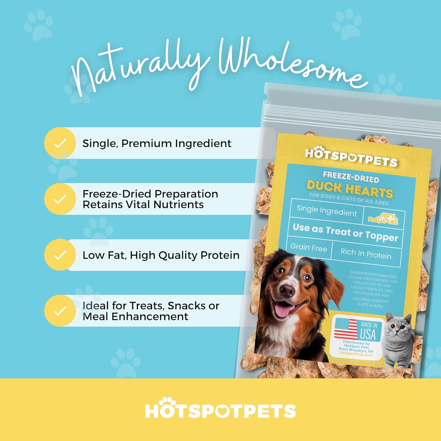 hotspot pets Freeze Dried Duck Heart Treats for Cats & Dogs - 1LB Big Bag - Single Ingredient All Natural Grain-Free Duck Hearts - Perfect for Training, Topper or Snack - Made in USA : Pet Supplies