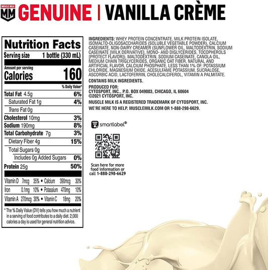 Muscle Milk Genuine Protein Shake, Vanilla Creme, 11.16 Fl Oz Bottle, 12 Pack, 25G Protein, Zero Sugar, Calcium, Vitamins A, C & D, 5G Fiber, Energizing Snack, Workout Recovery, Packaging May Vary