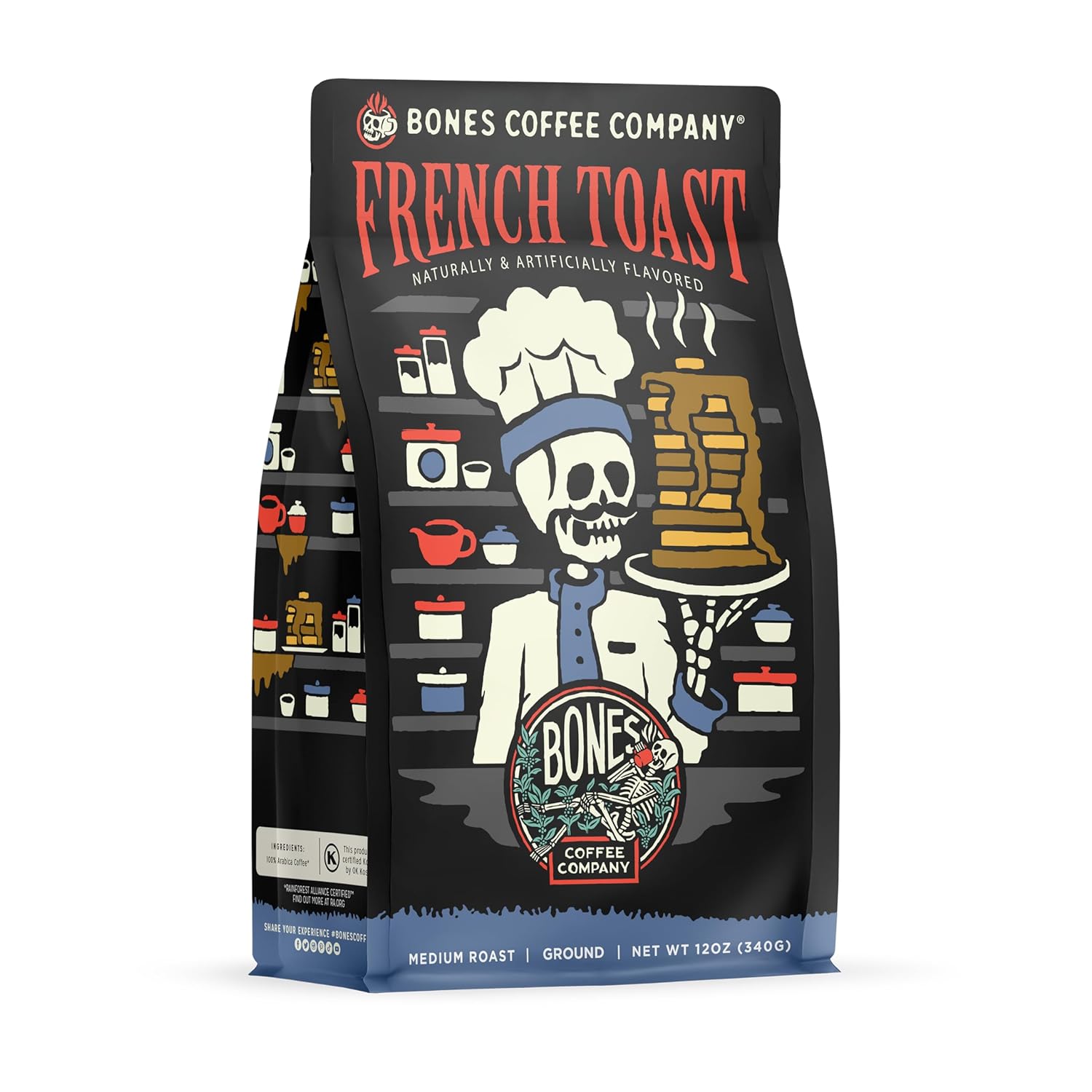 Bones Coffee Company French Toast Flavored Ground Coffee Beans Sweet & Buttery Flavor | 12 oz Medium Roast Arabica Low Acid Coffee | Gourmet Coffee (Ground)
