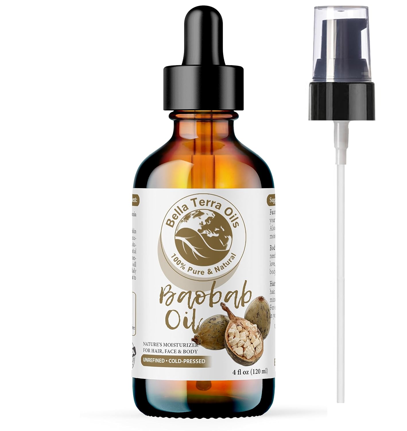 Bella Terra Oils - Baobab Oil 4oz - Luxurious Oil with Palmitic & Linoleic Acid, Perfectly Blended Nature's Bounty for a Glowing Skin