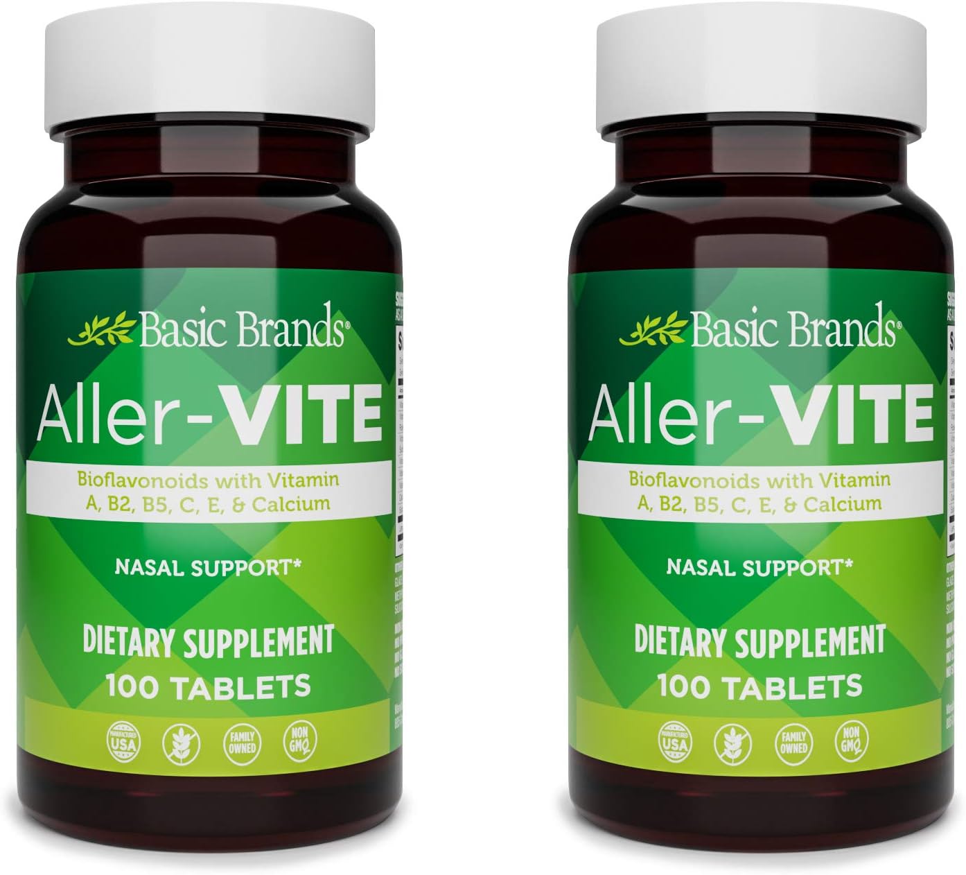 Basic Brands Aller-Vite - Natural Allergy Relief Tablets - Homeopathic Sinus & Nasal Support with Bioflavonoids, Vitamins A, B2, B5, C, E & Calcium - 100 Vegan Tablets - 2-Pack