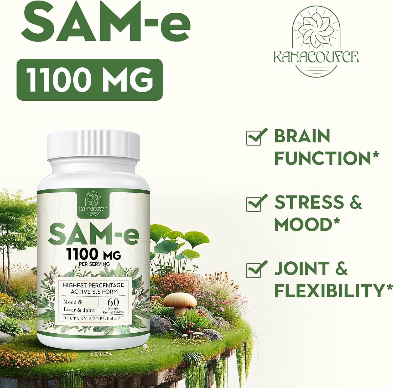 1100Mg Sam-E (S-Adenosyl-L-Methionine), Sam E Supplement For Mood, Joint & Liver, Highest Concentration Of Active S,S Form Same, Vegan, 60 Tablets