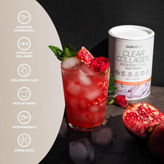 Biotechusa Clear Collagen Professional, Flavoured Drink Powder Containing Hydrolysed Collagen, Hyaluronic Acid, Amino Acids, Vitamins, Minerals, 350 G, Rose & Pomegranate