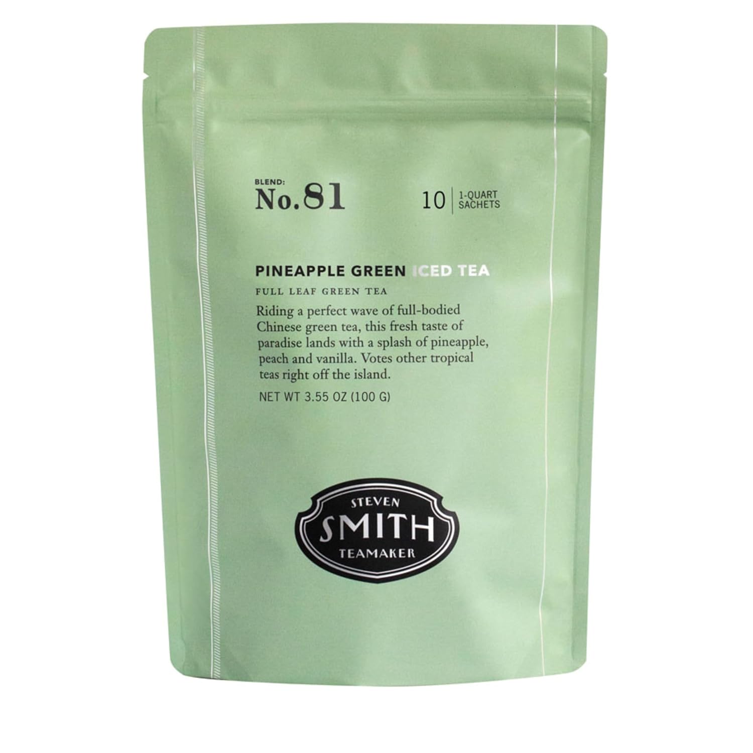 Smith Teamaker Pineapple Green Iced Tea No. 81, Refreshing, Caffeinated, Sustainably Grown Organic Full Leaf Green Iced Tea, 10 Count, 1 Quart Sachets