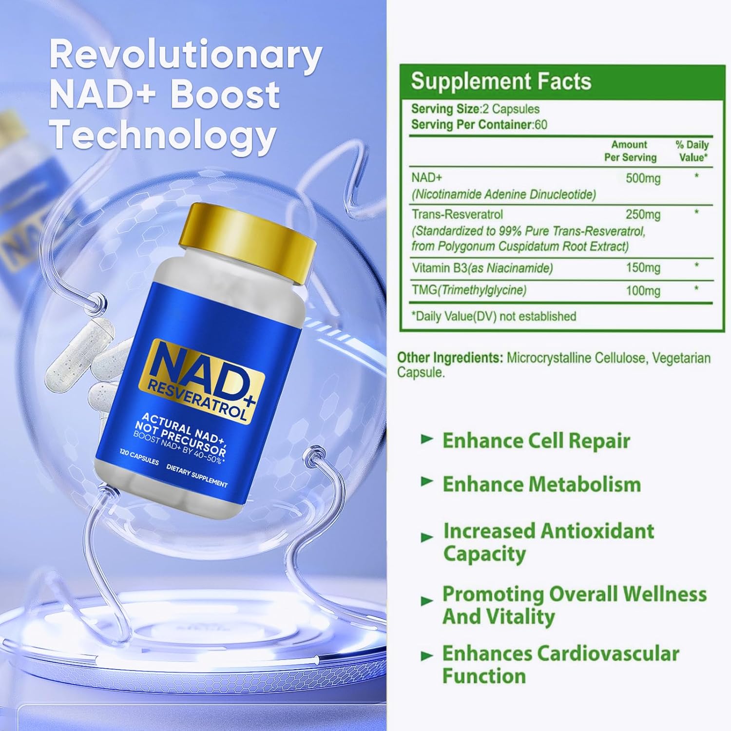 Nadh+ Supplement 1000Mg, Nmn Alternative Nadh+ Resveratrol Supplement Energy Booster For Women And Men, Support Dna Repair & Health Aging, 240 Capsules : Health & Household