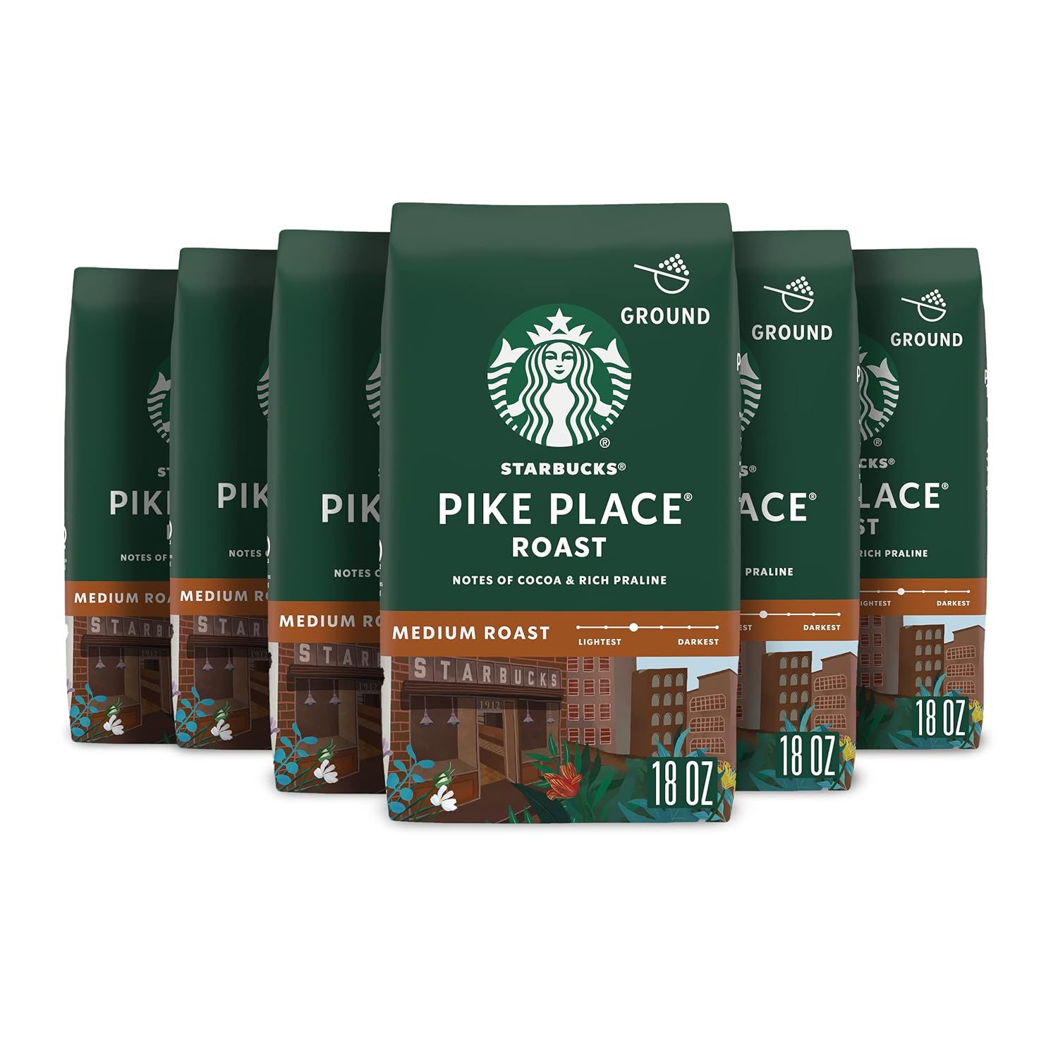 Starbucks Ground Coffee, Medium Roast Coffee, Pike Place Roast, 100% Arabica, 6 Bags (18 Oz Each)