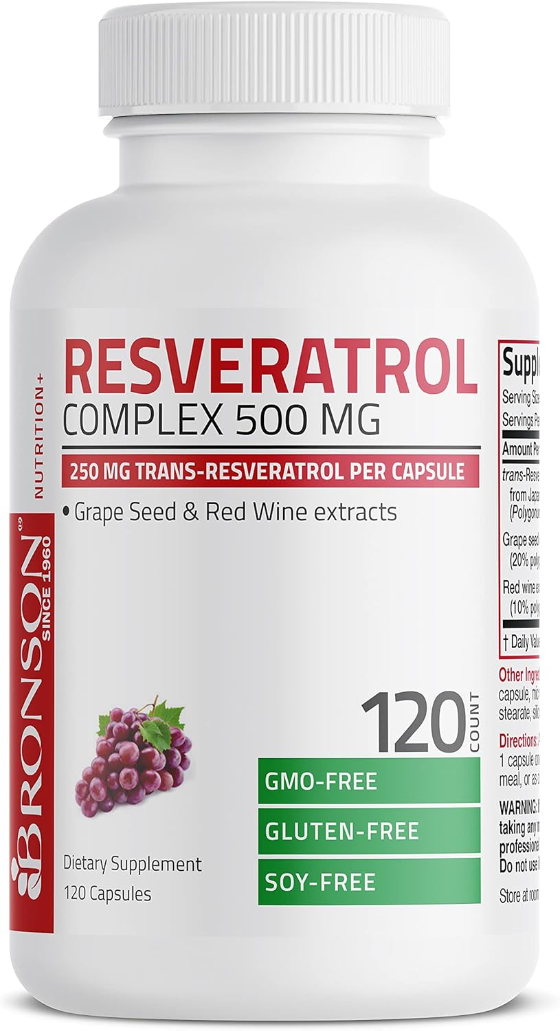 Bronson Resveratrol 500 Complex Standardized Trans-Resveratrol + Grape Seed & Red Wine Extract, 120 Capsules : Health & Household