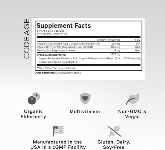 Codeage Organic Black Elderberry Supplement - Vitamin C, D, Zinc - Fermented Black Elderberries Vitamins - Elderberry Fruit Extract Pills Concentrate – Sambucus Berries Flavonoid - Vegan - 90 Capsules