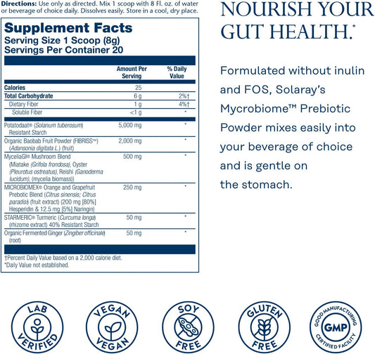 Solaray Mycrobiome Prebiotic Powder, Prebiotics For Women And Men, Digestive Nutritional Supplements For Colon And Gut Health, Non-Gritty, Easy-To-Mix, Non-Bloating Formula, 20 Servings, 5.64 Oz