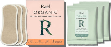 Rael Bundle - Reusable Panty Liners (Brown, 3 Count) & Flushable Ph Balanced Feminine Wipes (20 Count)