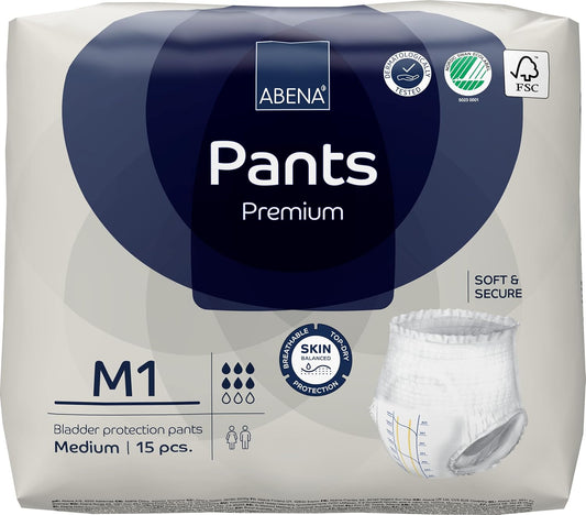 Abena Pants Premium Pull-Up Incontinence Pants, Eco-Labelled Incontinence Pants for Men & Women, Discreet, Protective, Breathable, Comfortable - Medium 1, 80-110cm Waist, 1400ml Absorbency, 15PK