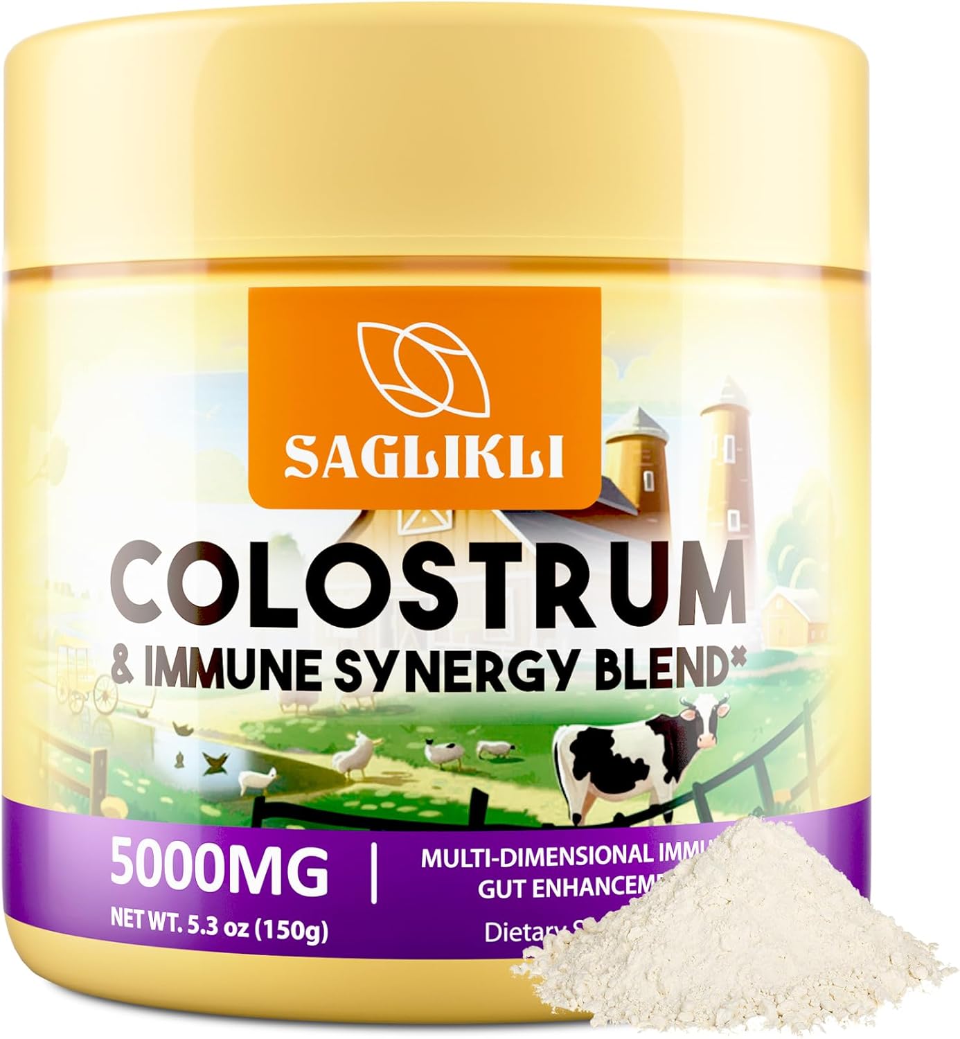 Colostrum Powder Supplement 5000 Mg, Grass Fed Bovine Colostrum With Immune Synergy Blends - Prebiotics, Probiotics, Lactoferrin & Prp For Immune, Gut, Easy To Mix, 30 Servings