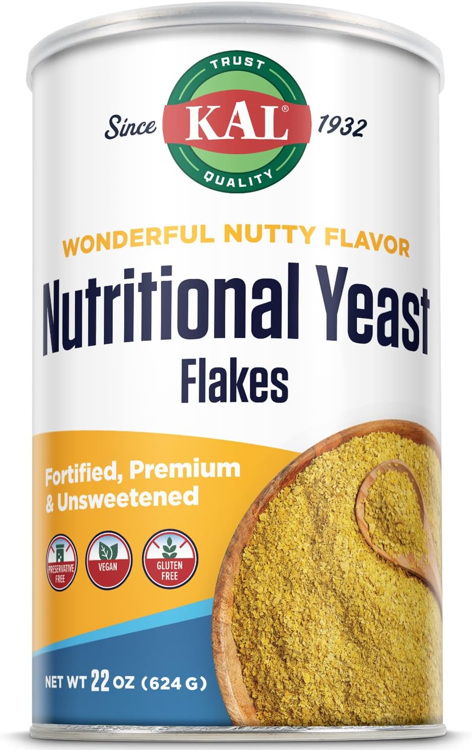 KAL Nutritional Yeast Flakes, Fortified with B12, Folic Acid & Other B Vitamins, Unsweetened, Great Nutty Flavor, Vegan & Gluten Free, 60-Day Money Back Guarantee, Made in the USA, 62 Servings, 22oz