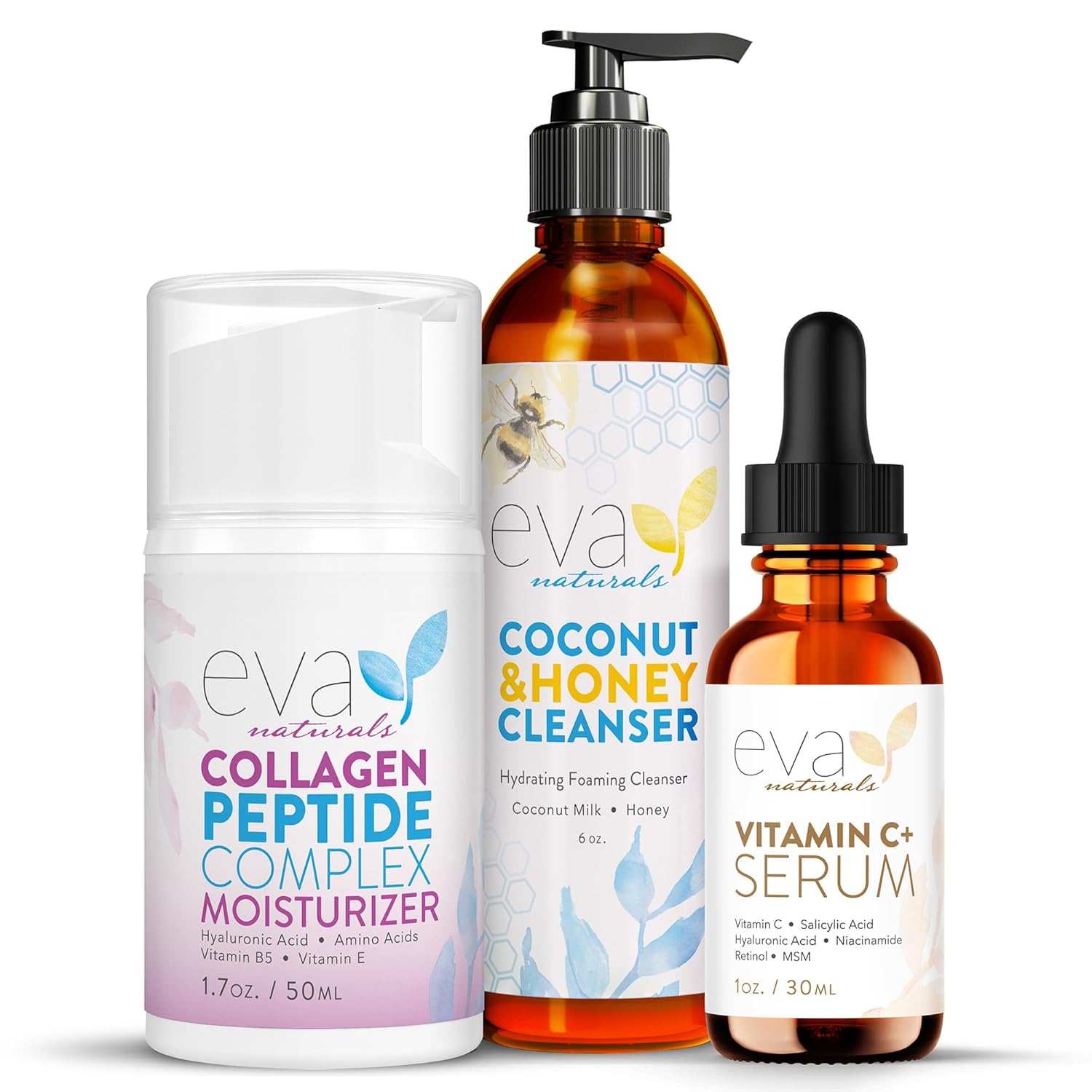 Vitamin C+ Serum, Collagen Peptide Moisturizer & Coconut And Honey Cleanser Bundle