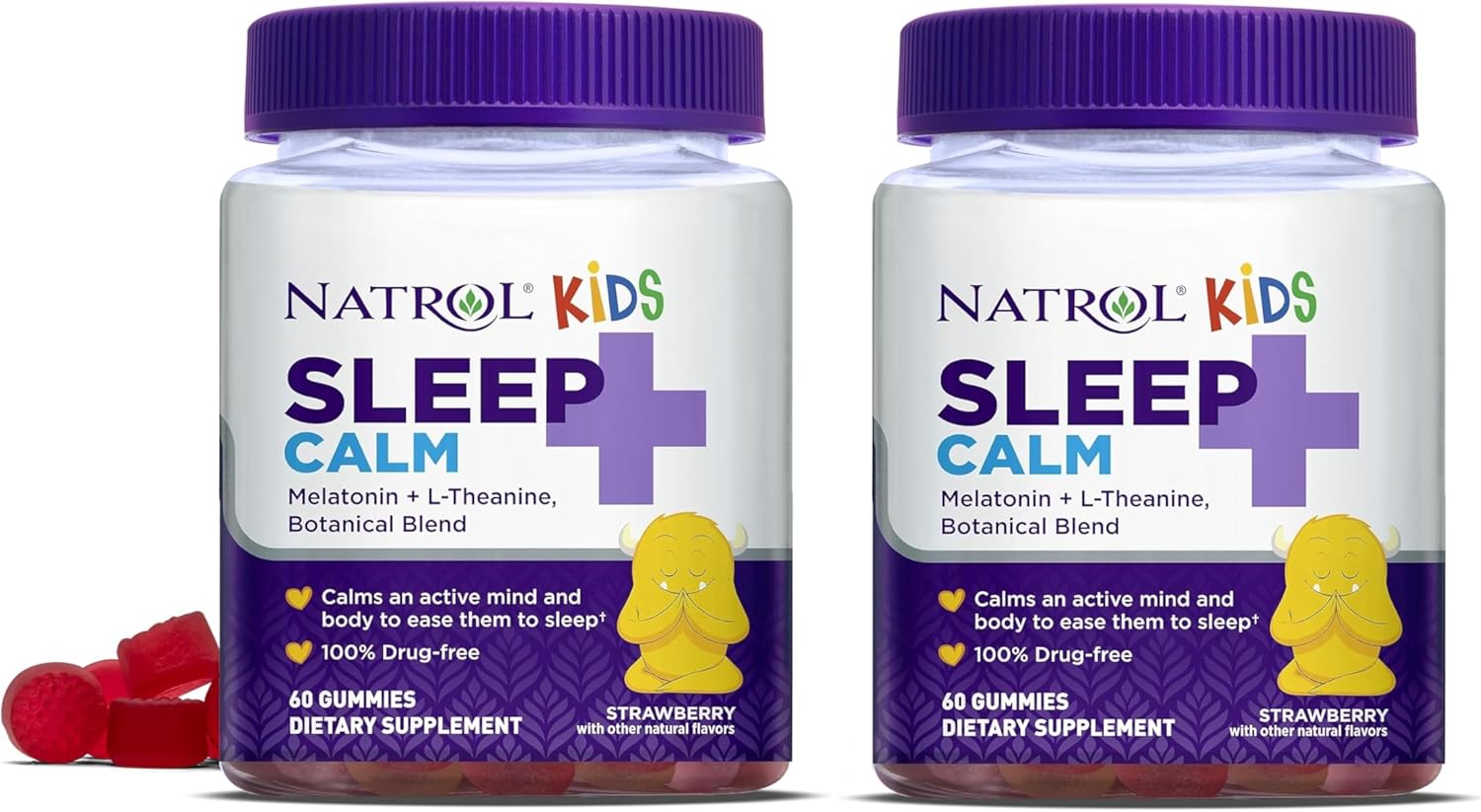Natrol Kids Sleep+ Calm, Melatonin And L-Theanine, Sleep Aid Gummies With Botancial Blends, 100% Drug-Free, 60 Count (Pack Of 2)