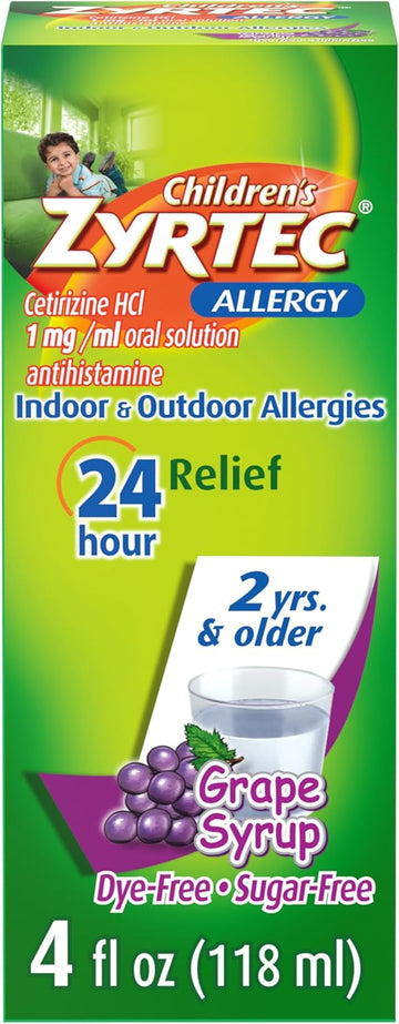 Zyrtec Children'S 24 Hour Allergy Relief Syrup, 5 Mg Cetirizine Hcl Antihistamine, Kids Allergy Medicine For Indoor & Outdoor Allergy Relief, Dye-Free & Sugar-Free, Grape, 4 Fl. Oz