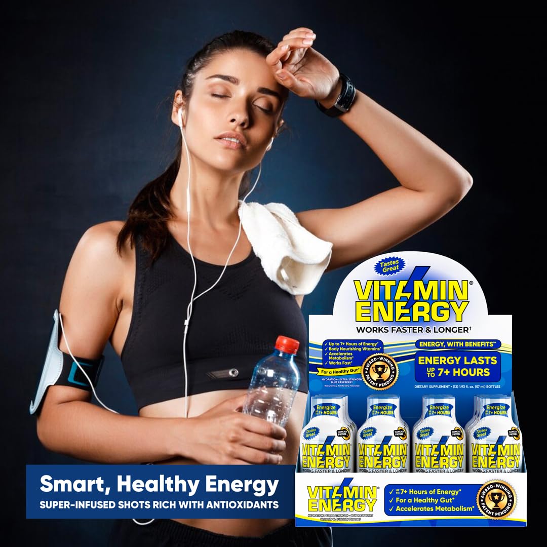 Vitamin Energy Hydration+ Energy Drink Shots, Blue Raspberry Flavor, Up to 7+ Hours of Energy, 1.93 Fl Oz, 48 Count : Health & Household