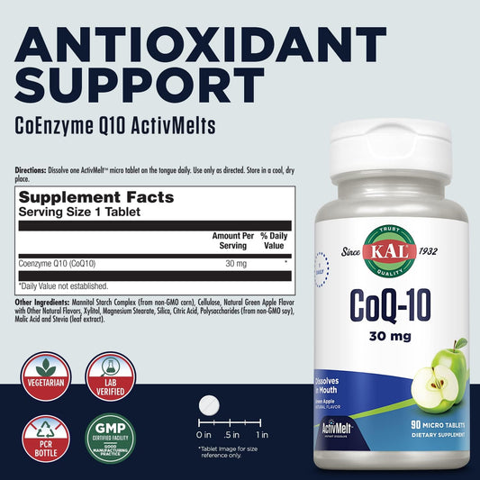 Kal Coq10 30Mg, Antioxidant Formula, Coenzyme Q10 Supplement For Heart Health And Cellular Energy Support, Fast-Dissolving Activmelts, Vegetarian, Natural Green Apple Flavor, 90 Serv, 90 Micro Tablets