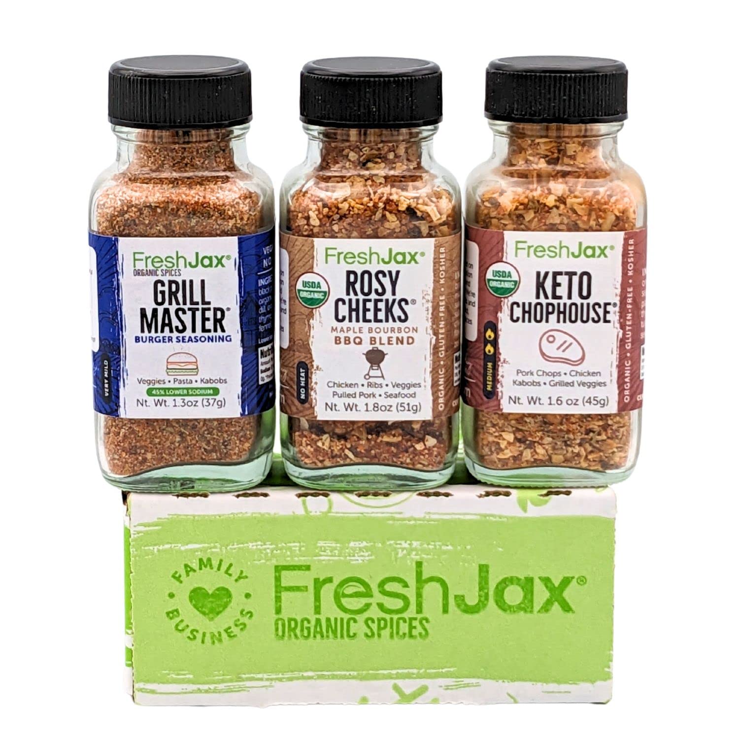 FreshJax Grill and BBQ Seasoning Gift Set | Pack of 3 Organic Grilling Spices | Grilling Gift sets for Men | Grill Master, Keto Chophouse & Rosy Cheeks-Maple Bourbon | Spices and Seasoning Sets