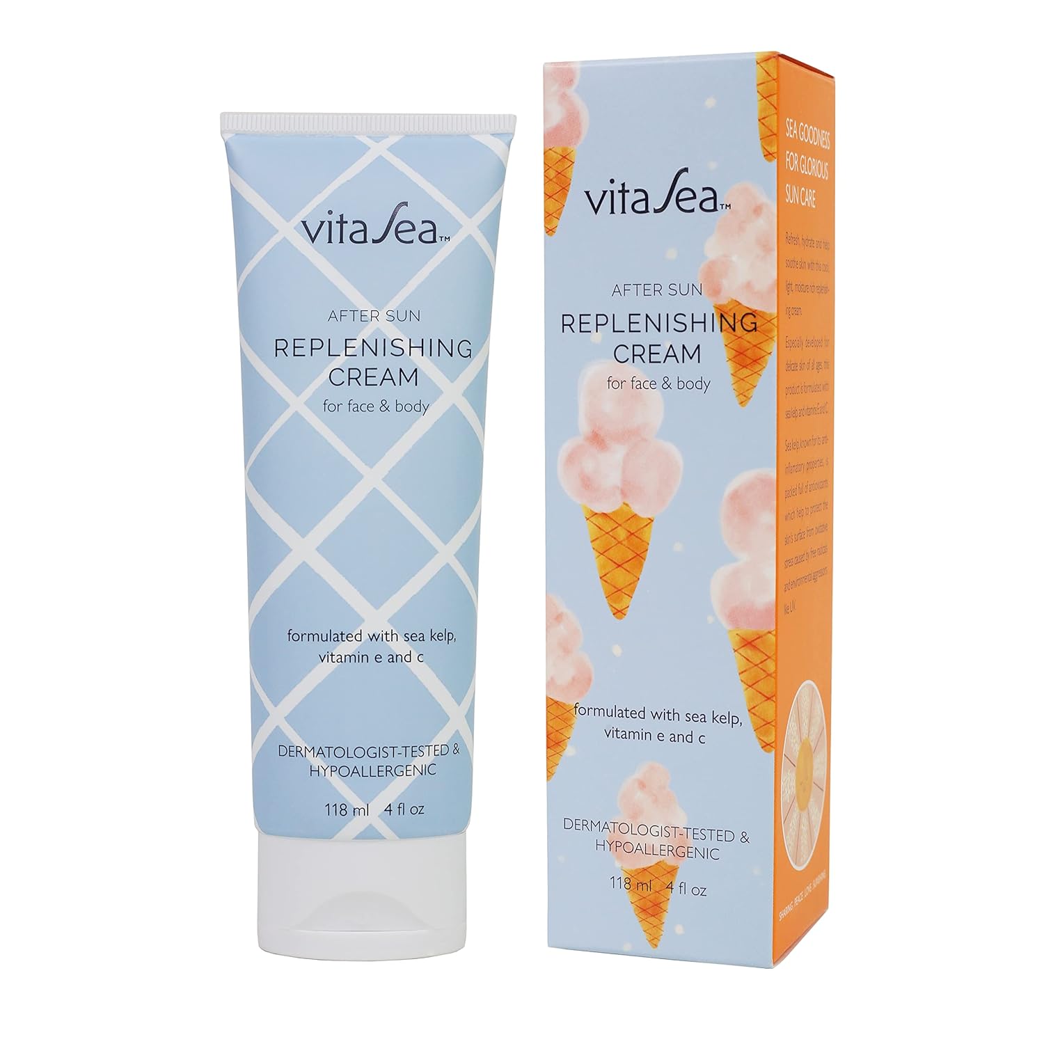 Vitasea After Sun Replenishing Cream For Face And Body, Refresh, Hydrate & Soothe Sun Exposed Skin, Fast-Absorbing Vegan After Sun Care, Formulated With Sea Kelp, Vitamin E & C, 4 Fl Oz