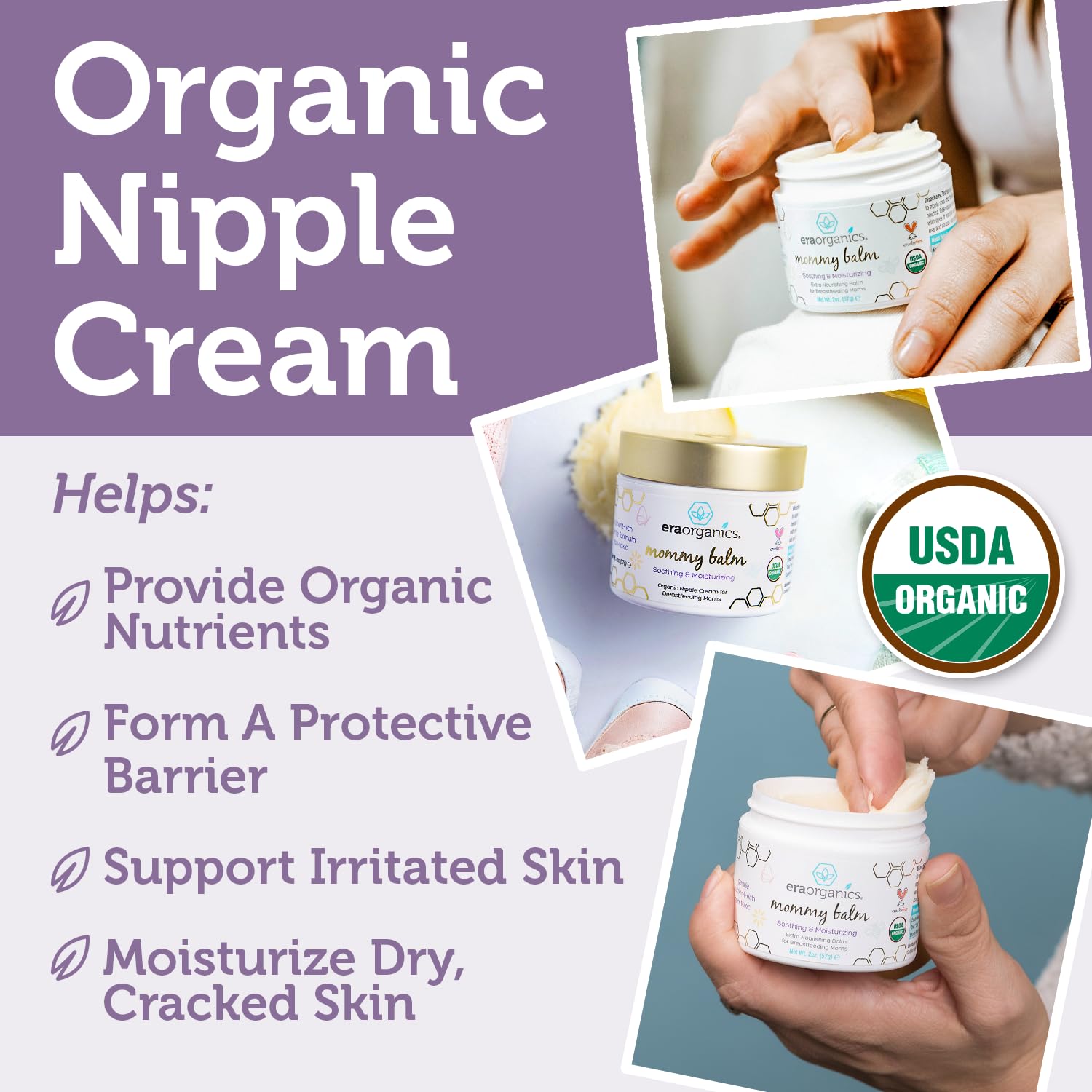 Era Organics Soothing Nipple Butter Breastfeeding Cream - Calming and Moisturizing for Chapped, Sensitive Skin - USDA Organic Nipple Cream For Breastfeeding - Baby Friendly Organic Nipple Balm : Baby