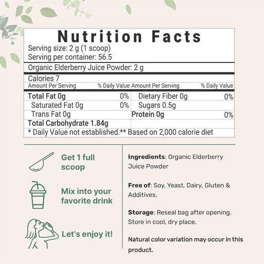 Organic Elderberry Juice Powder, 4oz | 100% Natural Fruit Powder | Cold Pressed European Elderberries | No Sugar & Additives | Great Flavor for Drinks, Smoothie, & Beverages | Non-GMO & Vegan