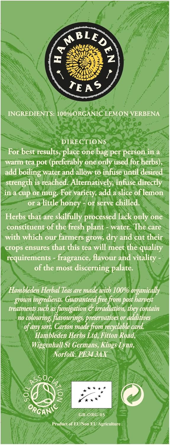 Hambleden Teas Organic Lemon Verbena Teabags (Pack of 6, Total 120 Teabags) : Amazon.co.uk: Grocery