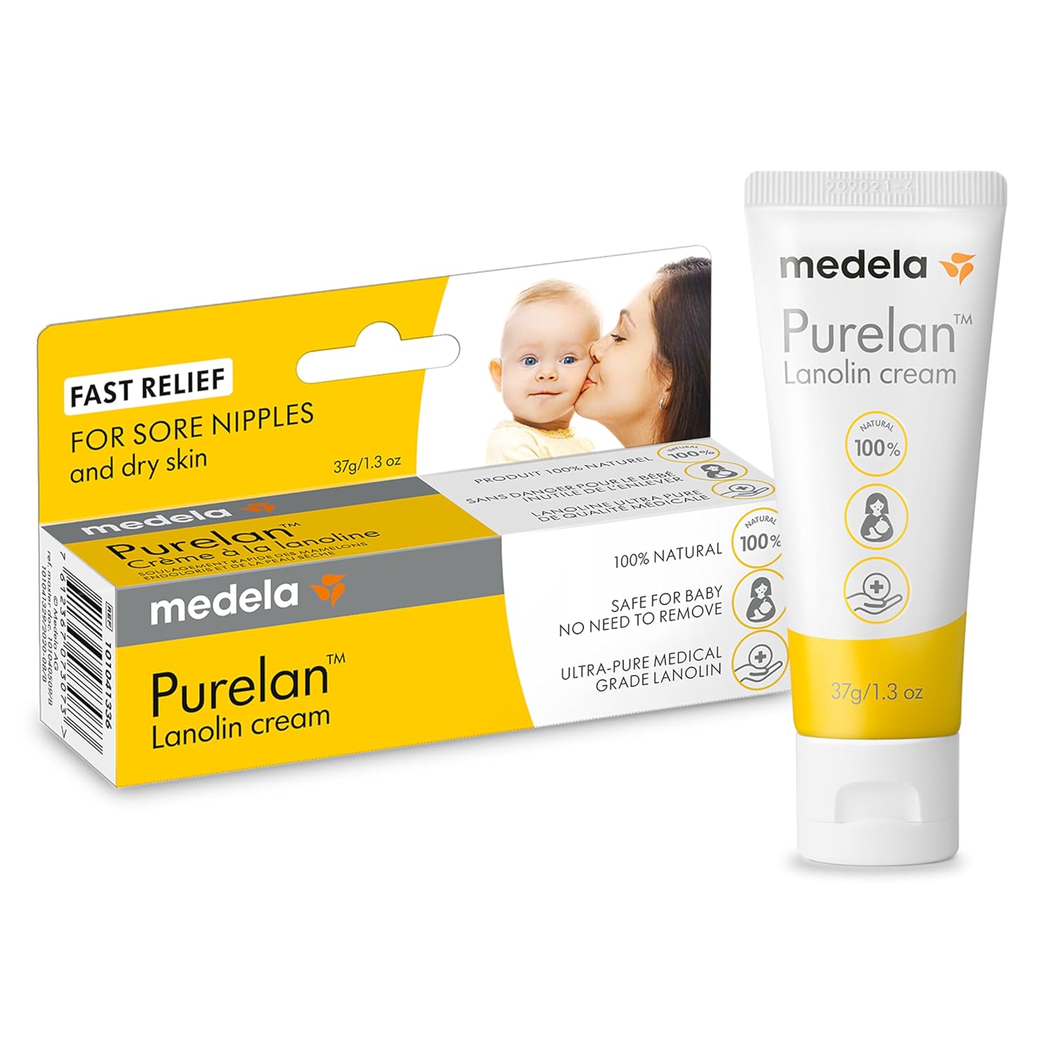 Medela Purelan Lanolin Nipple Cream, Fast Relief For Sore Nipples & Dry Skin During Breastfeeding, Safe For Breastfeeding Baby, Natural, Hypoallergenic, Fragrance-Free, 37G