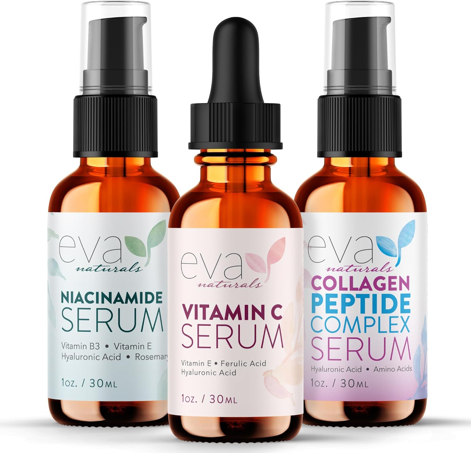 Natural Firm & Glow Skincare Set Of 3 Serums – Skin Care Kit With 20% Vitamin C Serum, Peptide Complex Serum, Niacinamide Vitamin B3 Serum To Brighten Complexion And Smooth Wrinkles By Eva Naturals