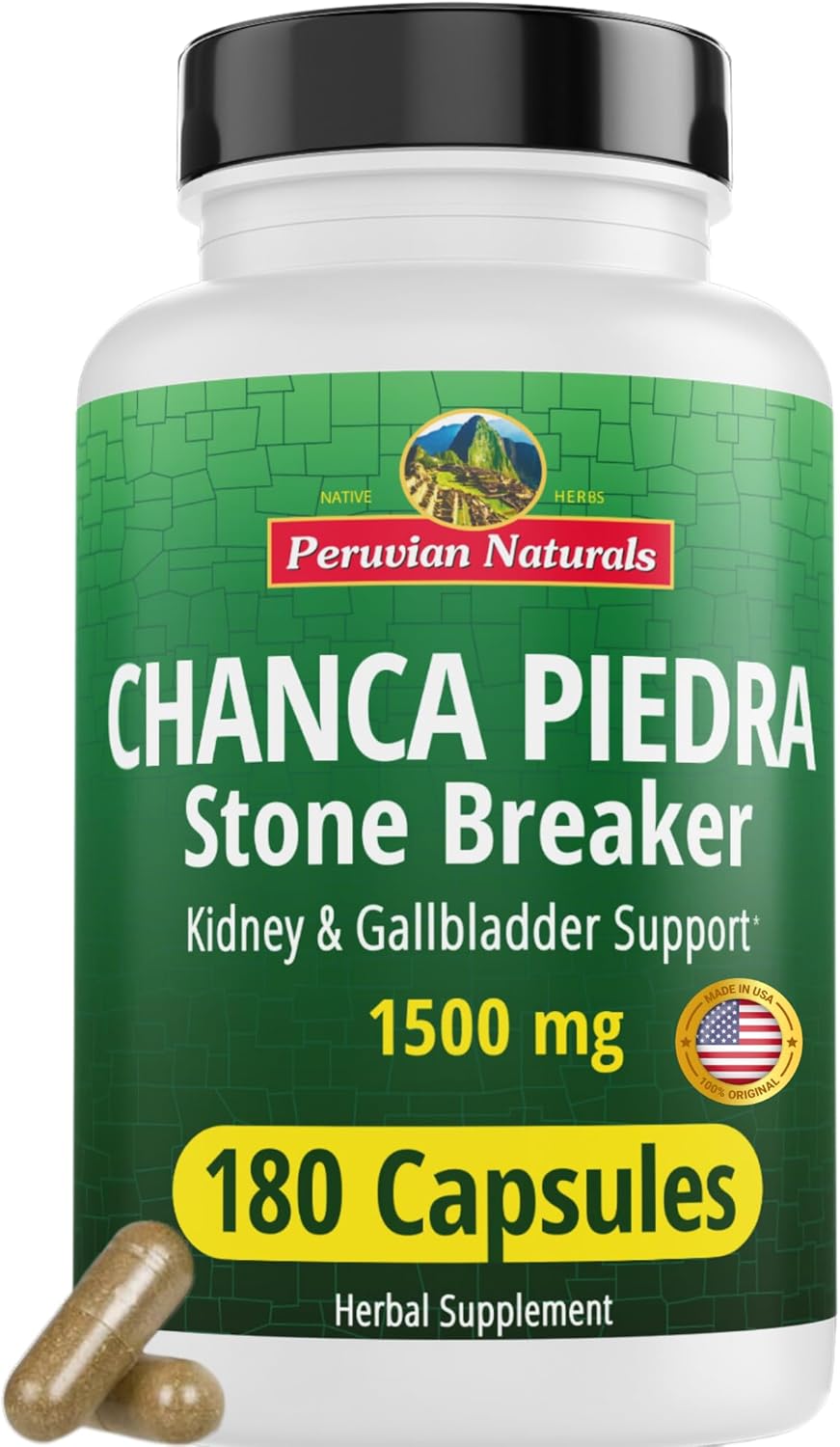 Peruvian Naturals Chanca Piedra Stone Breaker 180 Capsules - Kidney Stones Dissolver, Liver Detox, & Gallbladder Supplements 1500Mg Per Serving Chancapiedra Stonebreaker Urinary Tract For Women & Men