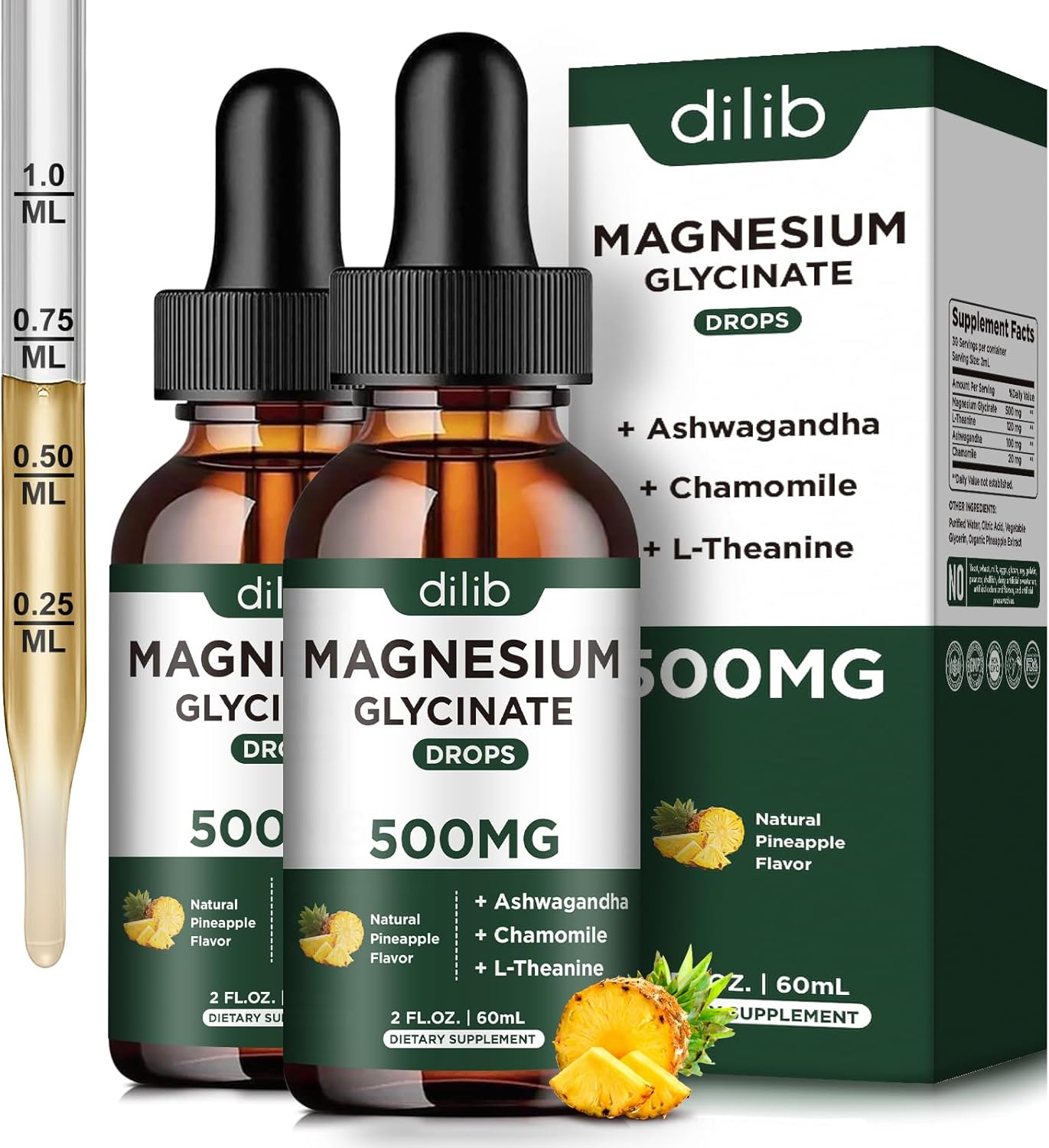 (2 Pack) Magnesium Glycinate Supplement, Magnesium Liquid Drops With Magnesium Glycinate 500Mg Ashwagandha, L - Theanine, Chamomile -Supports Optimal Calm Sleep Vegan