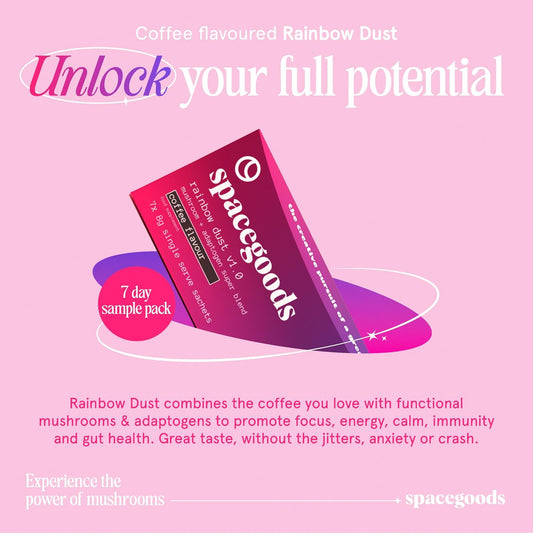Spacegoods Rainbow Dust 7 Day Sachet Pack | Flavoured Mushroom Coffee | 120Mg Of Natural Caffeine | Lions Mane, Chaga, Ashwagandha & Vitamin B5 | Sharper Focus, Energy & Calm | Coffee
