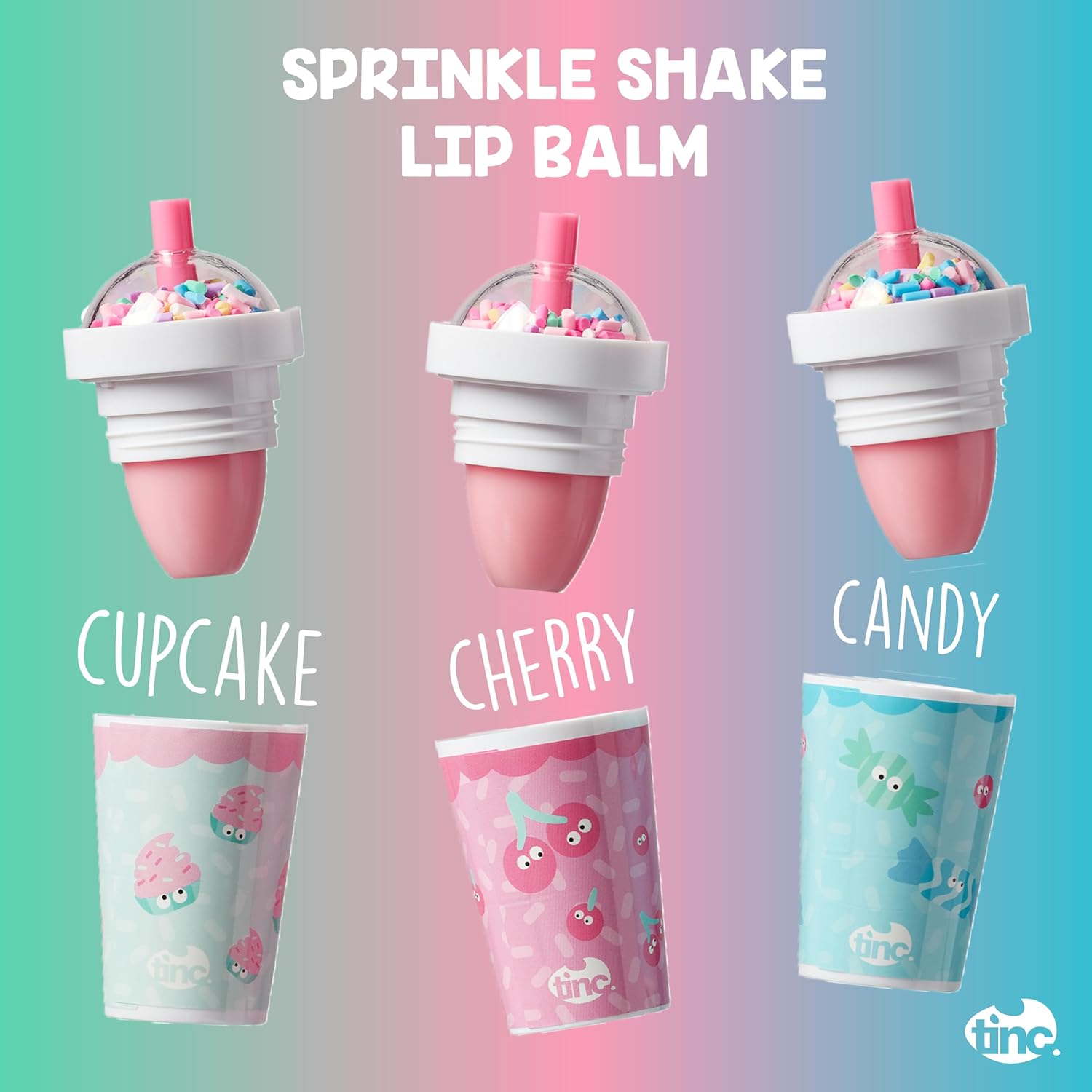Tinc Sprinkle Shake Lip Balms - Delicious Scents: Cherry, Cupcake And Candy - Keeps Lips Moist - Gift Idea - 3 In Pack