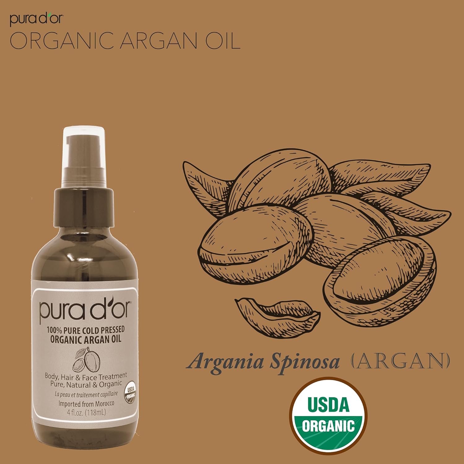 PURA D'OR Organic Moroccan Argan Oil (4oz / 118mL) USDA Certified 100% Pure Cold Pressed Virgin Premium Grade Moisturizer Treatment for Dry & Damaged Skin, Hair, Face, Body, Scalp & Nails : Hair Care Products : Beauty & Personal Care