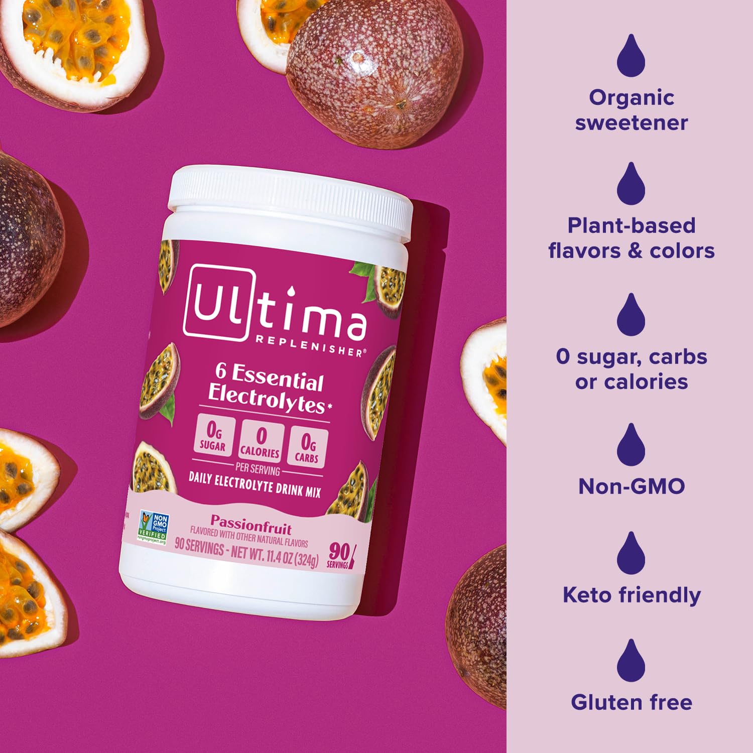 Ultima Replenisher Daily Electrolyte Drink Mix – Passionfruit, 90 Servings – Hydration Powder with 6 Key Electrolytes & Trace Minerals – Keto Friendly, Non- GMO & Sugar-Free Electrolyte Powder : Health & Household