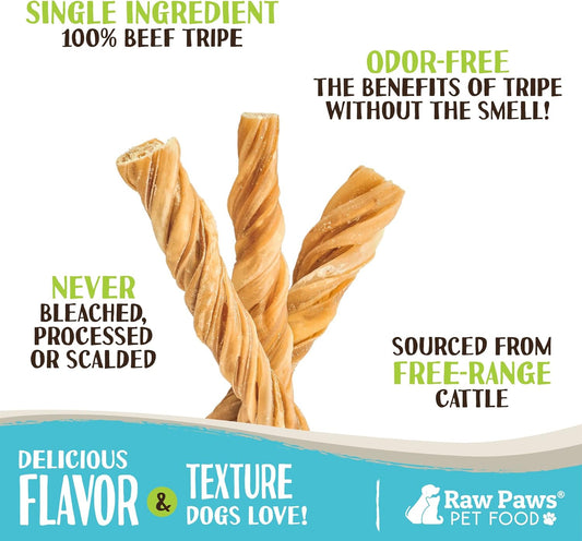 Raw Paws Beef Tripe Twists For Dogs - 5 Inch, 5-Pack - Packed In Usa - Free-Range Green Tripe Sticks For Dogs - Odor-Free, Crunchy Tripe Dog Treats - All-Natural Green Beef Tripe Sticks Chews