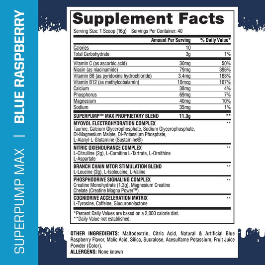 Gaspari Nutrition Superpump Max, The Ultimate Pre Workout Powder, Sustained Energy Preworkout, Nitric Oxide Booster, Muscle Growth, Recovery & Replenishes Electrolytes (40 Serving, Blue Raspberry Ice)