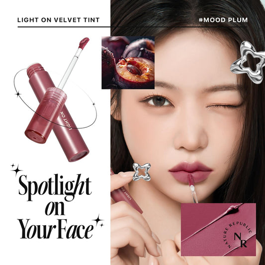 Nature Republic Light On Velvet Tint (06 Mood Plum), Liquid Lipstick, Lip Tint, Blur Effect, Lip& Cheek, Nude Lip,Soft Creamy Matte Finish Lip, Velvety, Lip Stain, High Pigment, Korean Lip Makeup