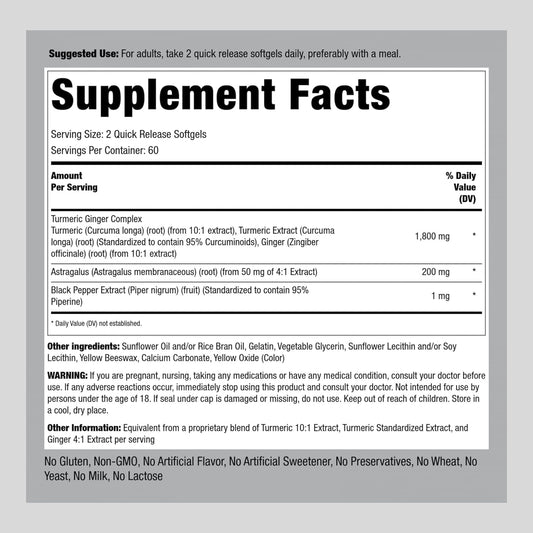 Piping Rock Turmeric and Ginger Supplement 1800mg | 120 Softgels | with Black Pepper Extract and Astragalus | Standardized Complex | Non-GMO, Gluten Free