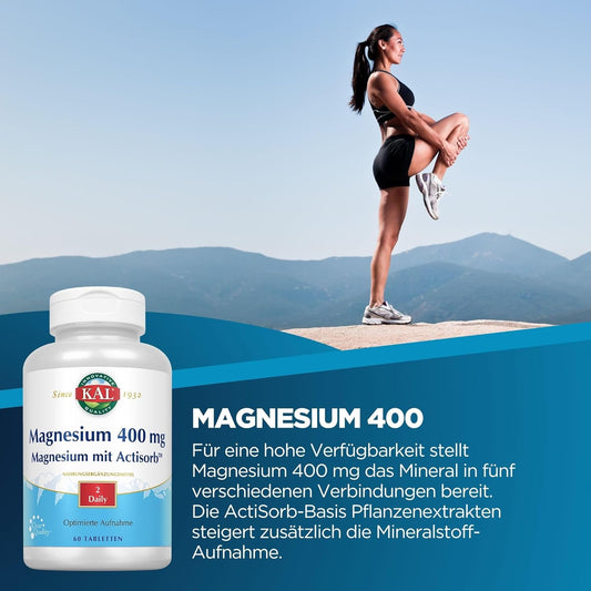 Kal 400 Mg Magnesium Tablets, Actisorb, 60 Count