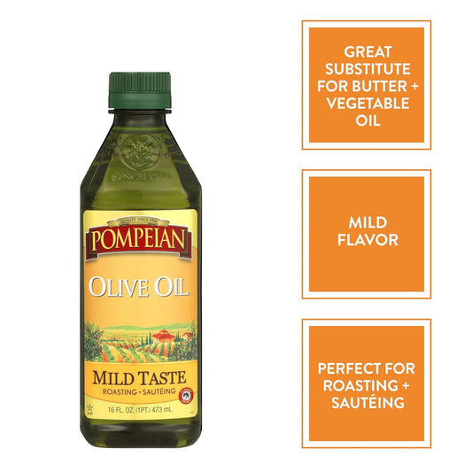 Pompeian Mild Taste Olive Oil, Perfect For Roasting & Sauteing, Naturally Gluten Free, Non-Allergenic, Non-Gmo, 16 Fl. Oz