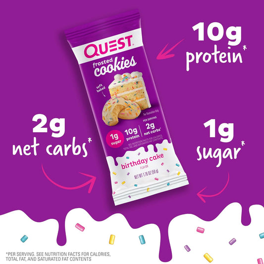 Quest Nutrition Frosted Cookies Twin Pack, Birthday Cake, 1g Sugar, 10g Protein, 2g Net Carbs, Gluten Free, 16 Cookies