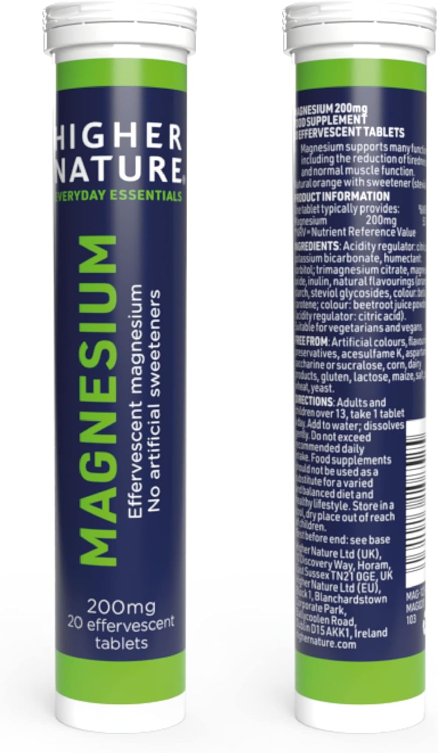 Higher Nature - Magnesium Effervescent - 200mg Magnesium Effervescent Supplement - Natural Orange Flavour - No Artificial Sweeteners - 20 Tablets : Amazon.co.uk: Health & Personal Care