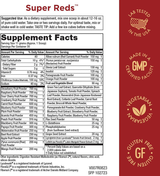 Purity Products Super Reds Powder Phytonutrient Superfood Drink Mix w/FloraGLO Lutein - Phytonutrient Blend containing Polyphenols, Antioxidants & More - 330 Grams - 30 Day Supply