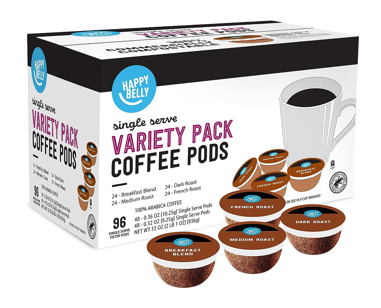 Amazon Brand - Happy Belly Variety Pack Coffee Pods, Compatible with K-Cup Brewer (Breakfast Blend, Dark/ Medium/ French Roast) 96 count (Pack of 1)