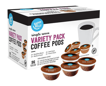 Amazon Brand - Happy Belly Variety Pack Coffee Pods, Compatible with K-Cup Brewer (Breakfast Blend, Dark/ Medium/ French Roast) 96 count (Pack of 1)