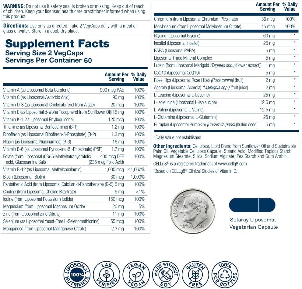 Solaray Liposomal Multivitamin for Men, Enhanced Absorption Immune, Energy & Bone Support Supplement, Mens Daily Multi Vitamin, BCAA’s, Vitamin D3, C, B12, Zinc, Vegan, Soy Free, 60 Serv, 120 VegCaps