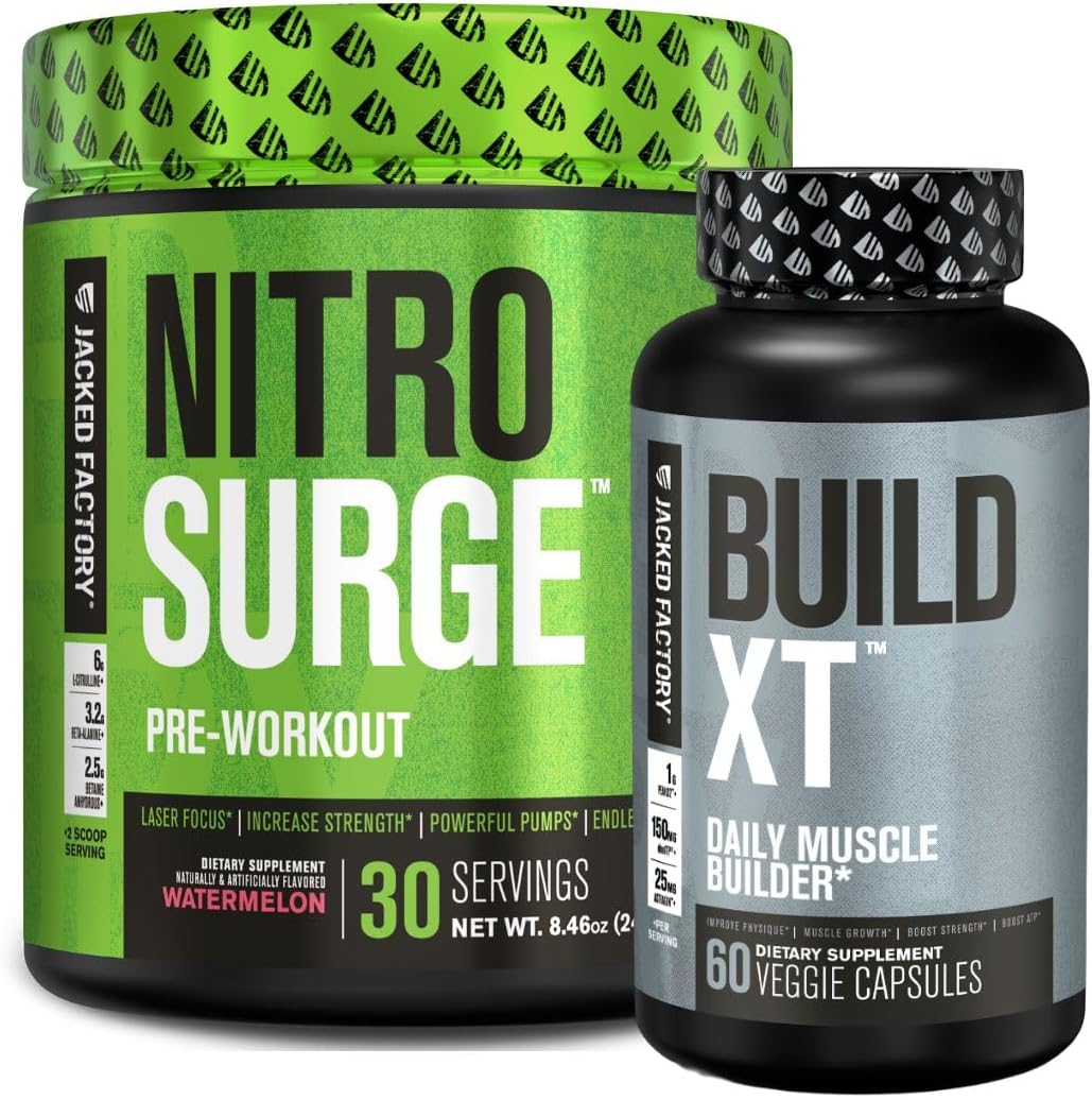 Jacked Factory Nitrosurge Pre-Workout In Watermelon & Build Xt Muscle Building Bundle For Men & Women